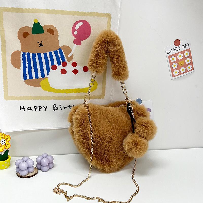 2025 new bag fashion heart bag women's chain messenger bag plush love shoulder fluff Valentine's Day gift