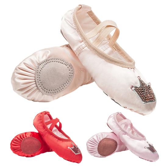 1 Pair Girls Ballet Shoes Soft Sequin Crown Pattern Anti-skid Bottom Elastic Band Faux Silk Toddler Big Kid Children