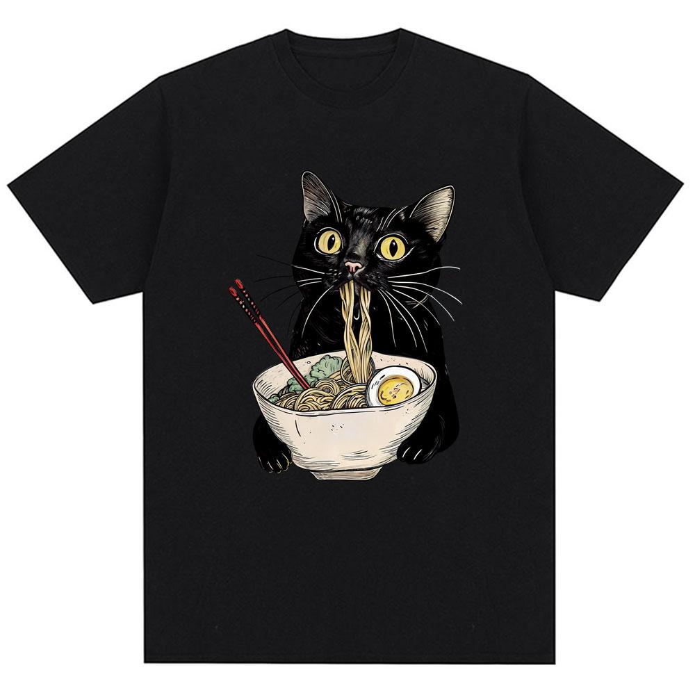 Funny Noodle Ramen Black Cat Graphic T-shirt Fashion Men's Women's Popular Short Sleeve Y2K Oversized Cotton T Shirts Streetwear