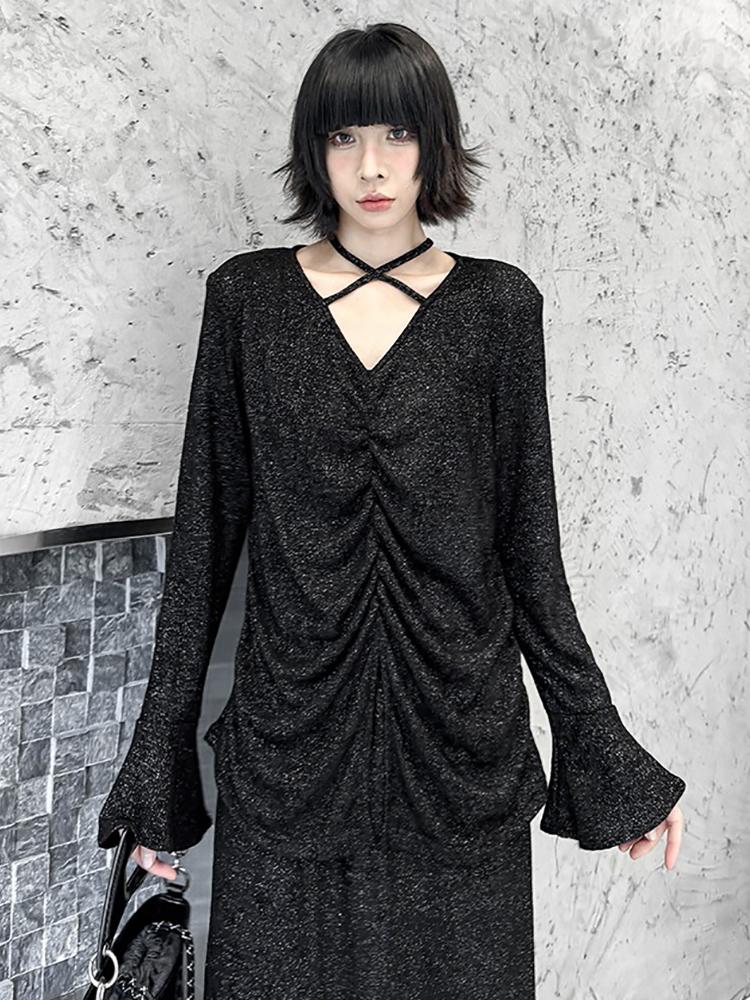 XITAO Casual Loose Elastic Waist V-neck Flare Sleeve Set GMM1050