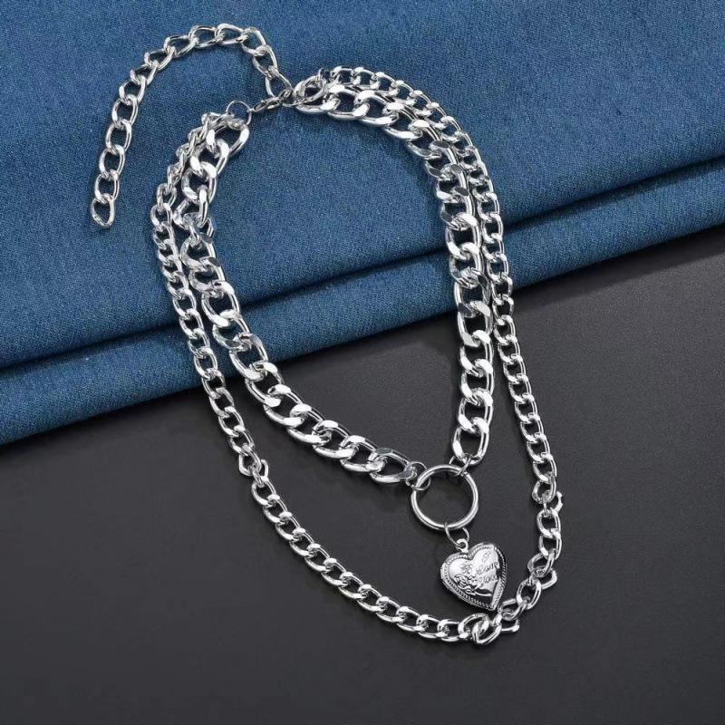 Cross-Border Double Layer Thick Chain Heart Pendant Necklace - European American Creative Openable Heart Clavicle Chain