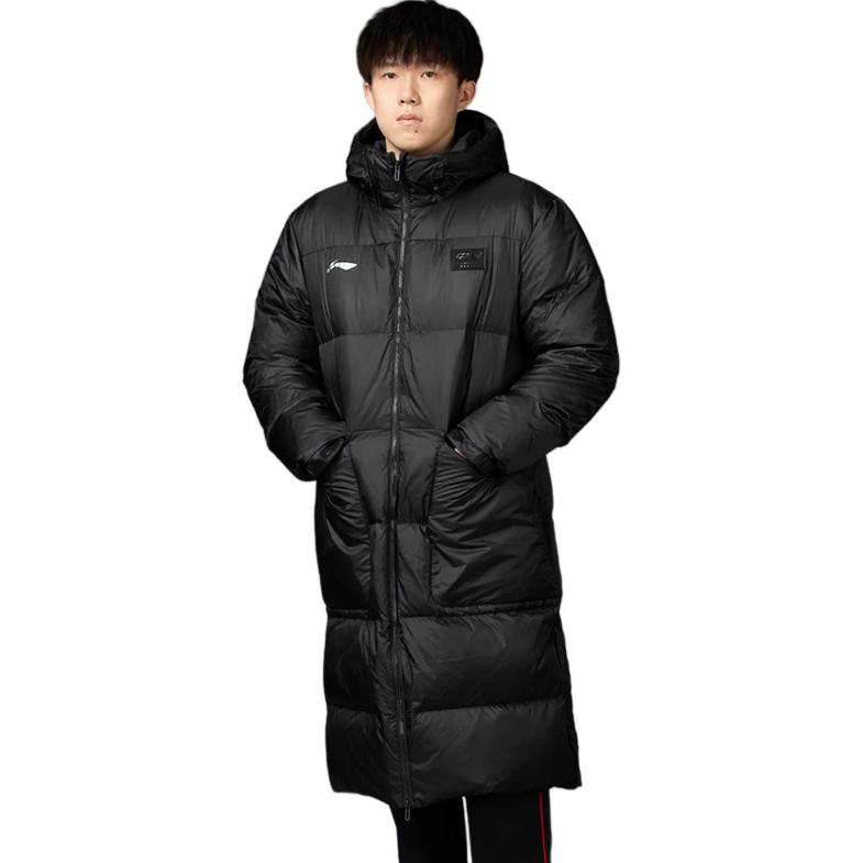 Li Ning Long Warm Down Jacket National Flag Patch Men Outerwear Black AYMU285