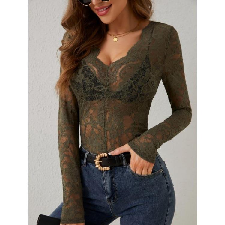 Women Sexy V Neck Lace Base Shirt Slimming Long Sleeve Top Comfortable Single Layer Fall Winter New Inside Wear