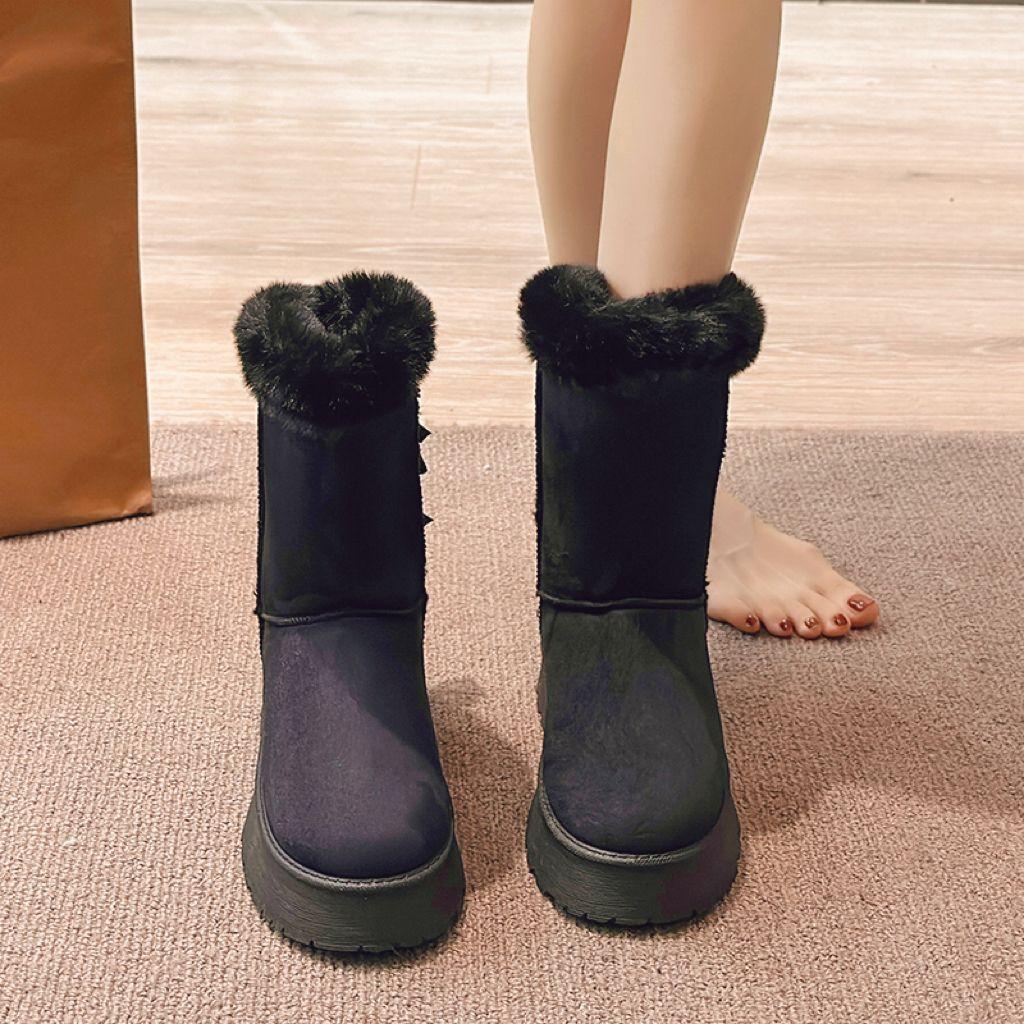 Fashion Bow Round Toe Half High Snow Boots for Women Winter Plush Warm Chunky Woman Shoes 2025 Novelty Designer Luxury Fashion Footwear