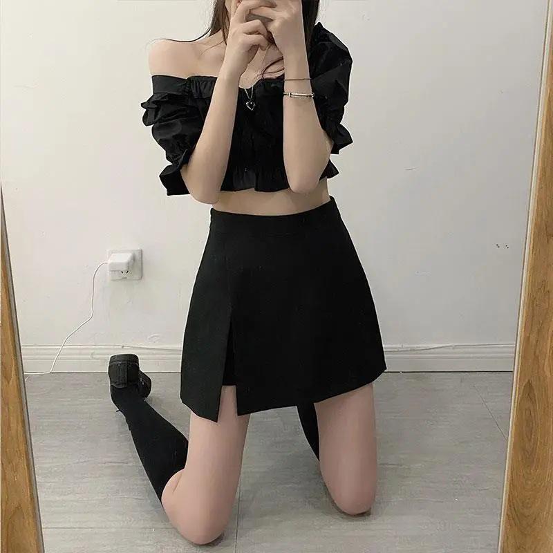 

2022 Черная Юбка Миди А-силуэта с Неровным Подолом и Разрезом, Подчеркивающим Фигуру 3XL чёрный