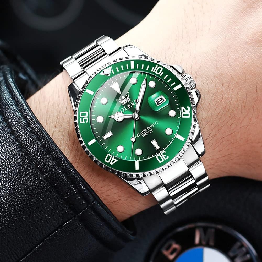 OLEVS Classic Big Face Men's Business Dress Watch Green Black White Blue Dial Luminous Quartz Stainless Steel Round Flywheel Multi-function