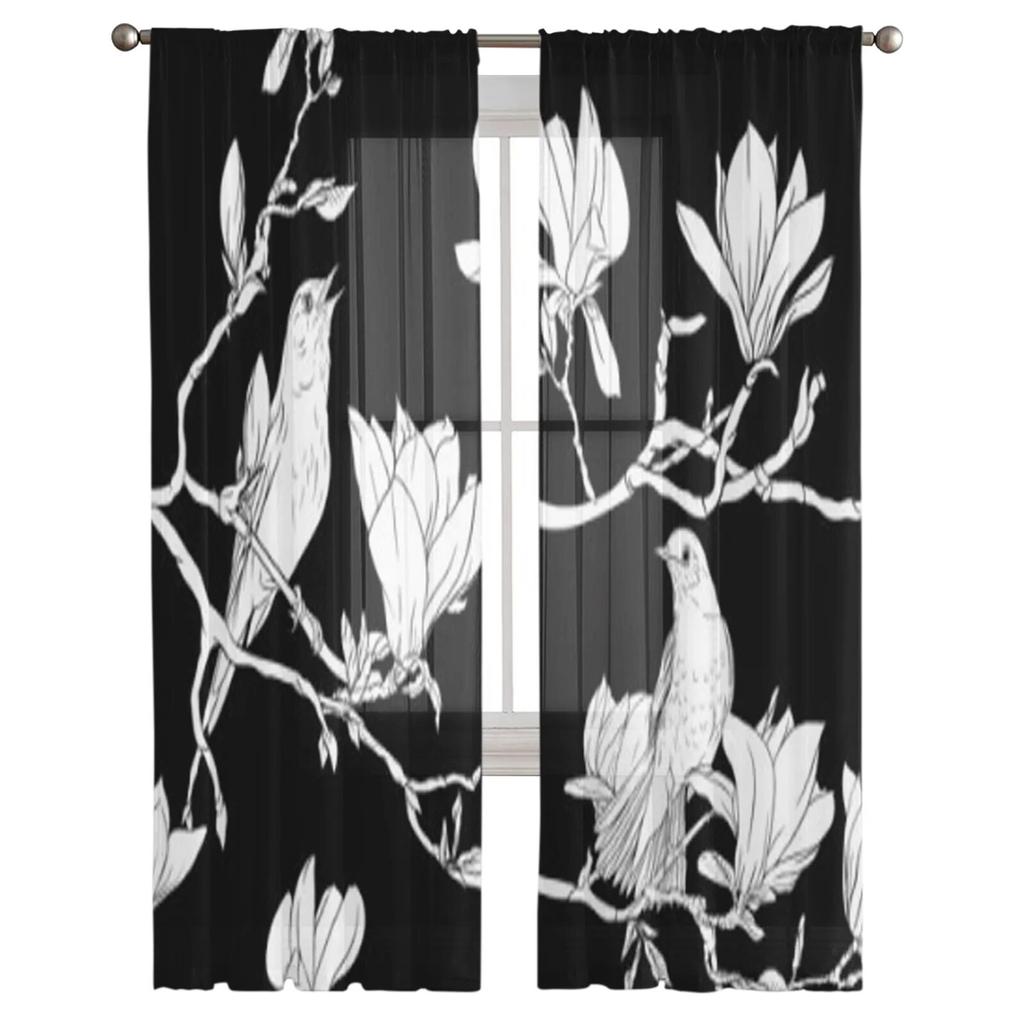 Magnolienzweig mit Blumen und Vogelfenstervorhängen, transparenter Chiffon-Tüllvorhang, Heim- und Wohnzimmer-Hintergrunddekoration