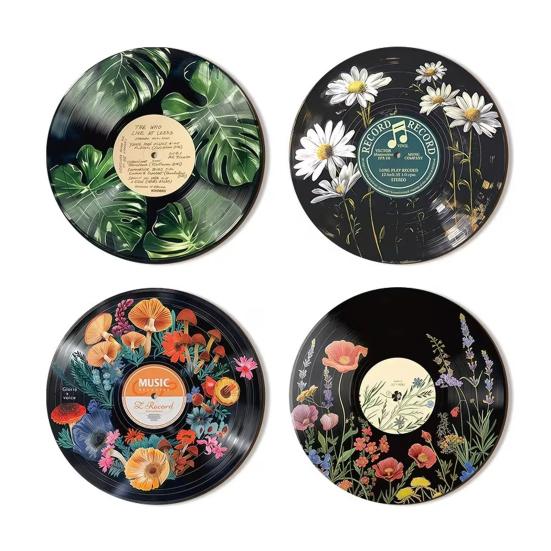 4 Pcs Wooden Record Wall Art, Vintage Floral Slice Vinyl Record Replica Wall Decor for Living Room, Bedroom, Office, Gift for Friends, Music Lovers 4pcs