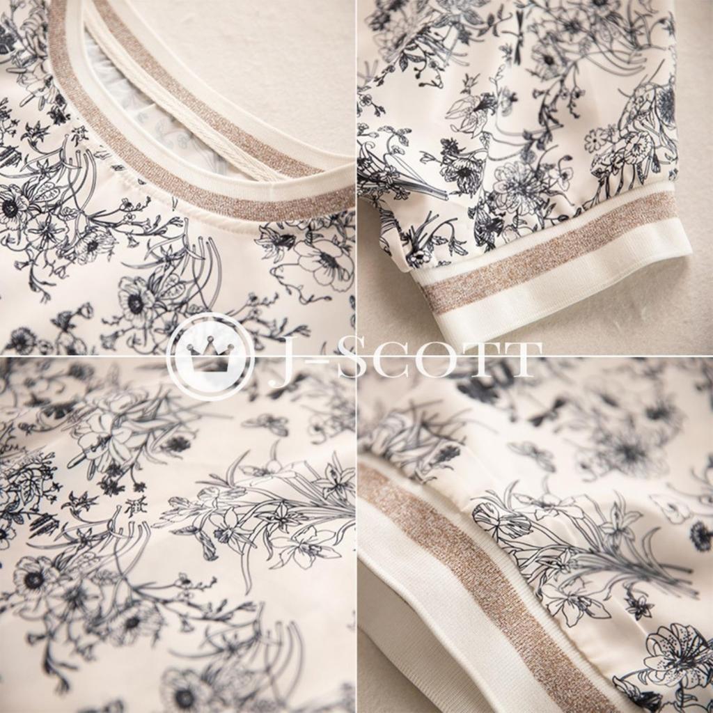 Botanical Print Chiffon Blouse with Floral Print and Ribbed Office J-Scott T-Shirt, Half-Sleeve Sleeves, Monotone, Casual, White, JS83-WH-L