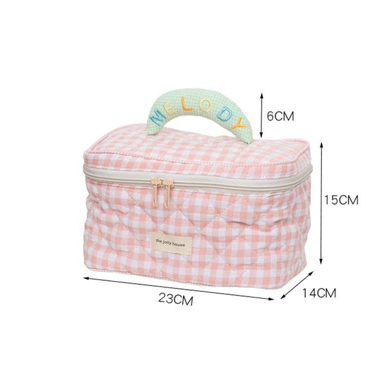 2025 Plaid Pattern Toiletries Case Flip Makeup Bag with Zipper Quilted Cotton Cosmetics Storage Box for Woman and Girls