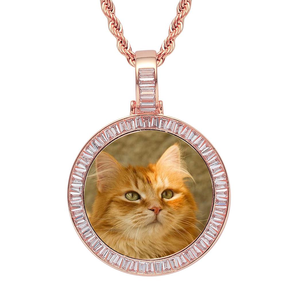 High-End Hip Hop Round Photo Necklace with Micro-Set Zircon Square Pendant
