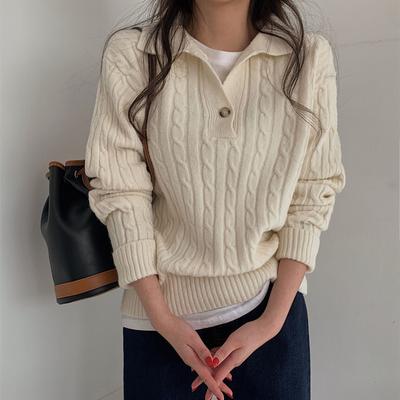 Retro Knitwear Women's Twist Sweater Lapel Casual Pullover Top
