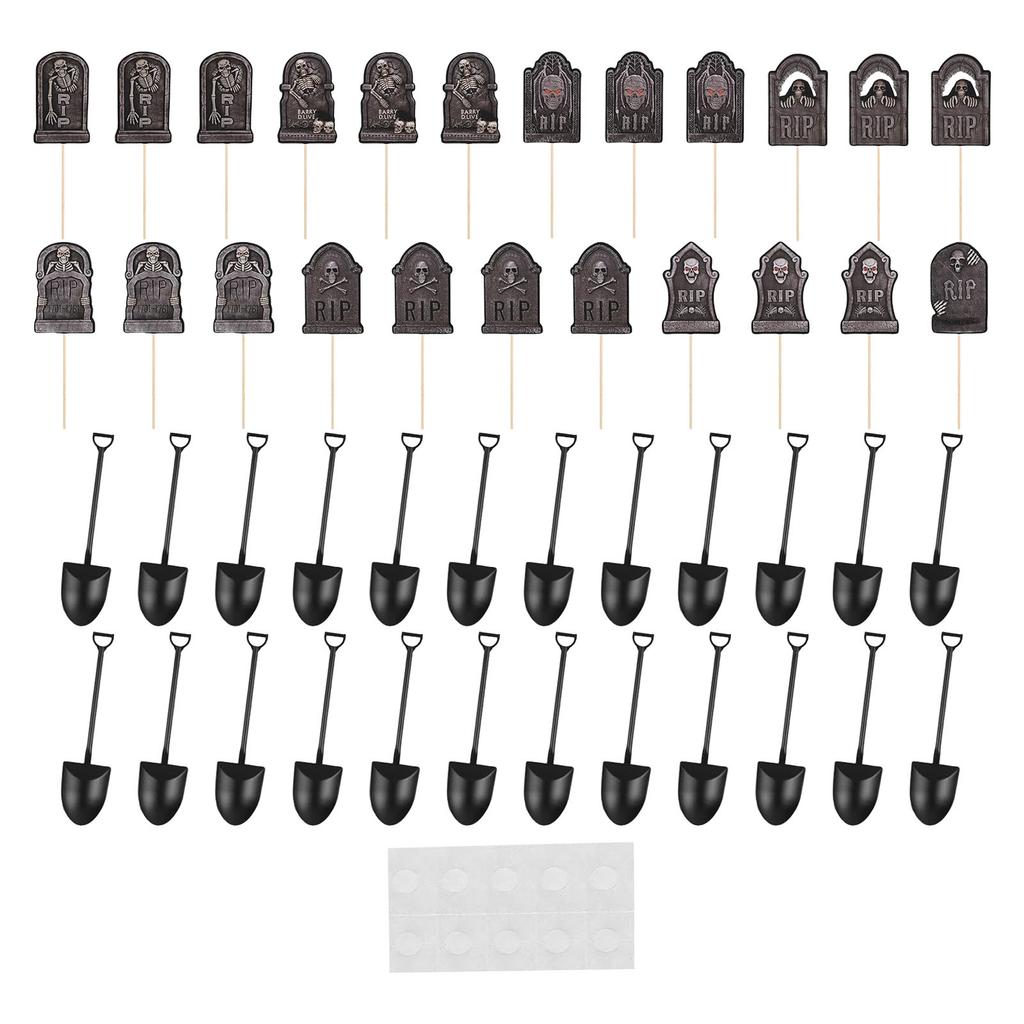 48Pcs Spookys Graveyard Cake Decorations Tombstones Cupcake Toppers And Mini Shovel Spoons For Halloween Treats