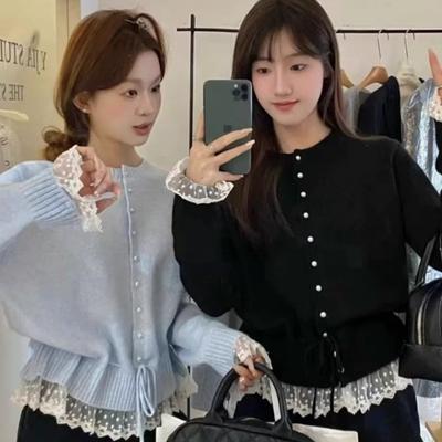 Korean Fashion Crew Neck Sweet Lace Waist Tuck-up Sweater Spring Autumn Knitted Cardigan Loose Slim Fit Top Elegant Casual Jackets Lace-up Clothing