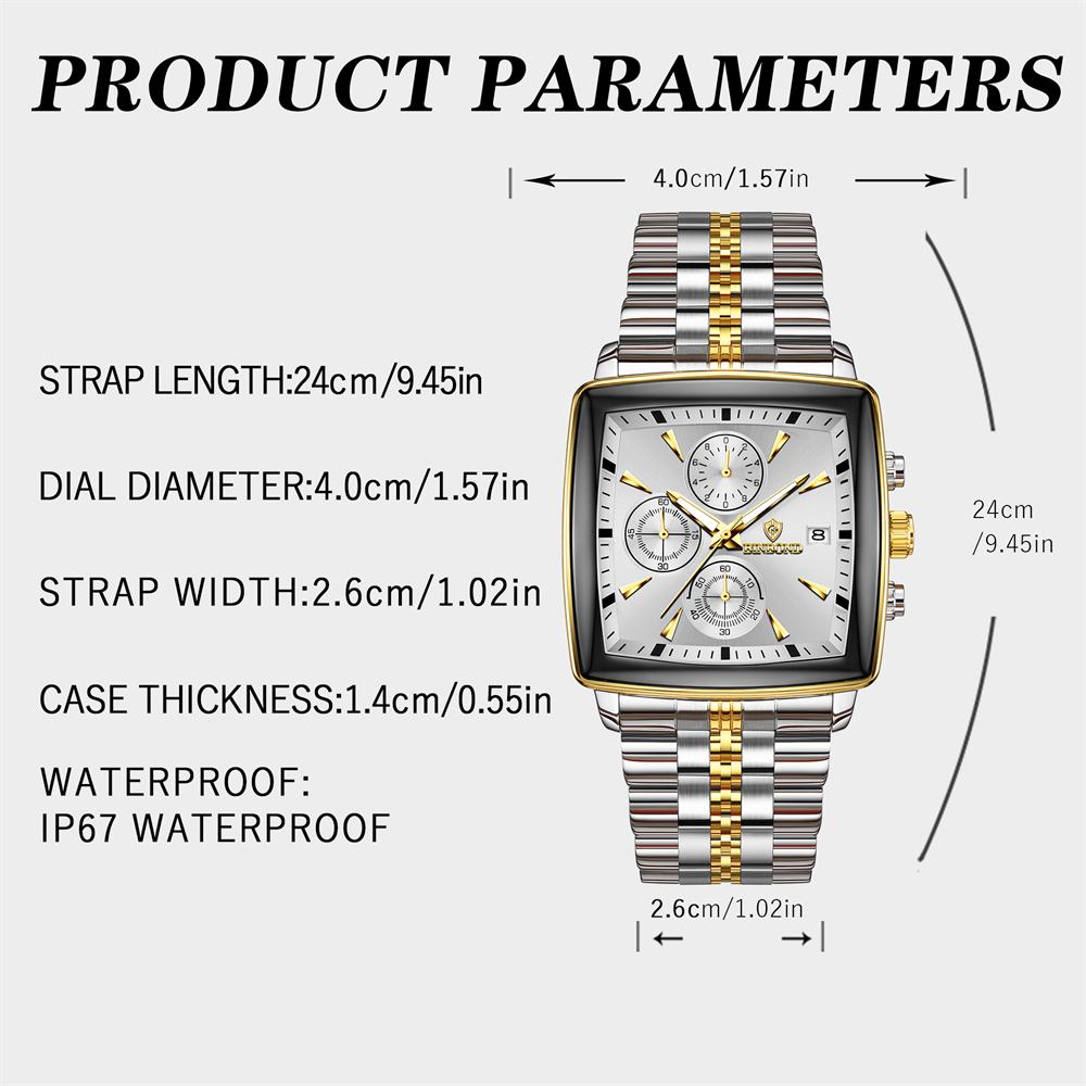 New Fashion Men Watch Luminous Waterproof Chronograph Date Man Wristwatch Square Stainless Steel Quartz Men'S Watches Reloj