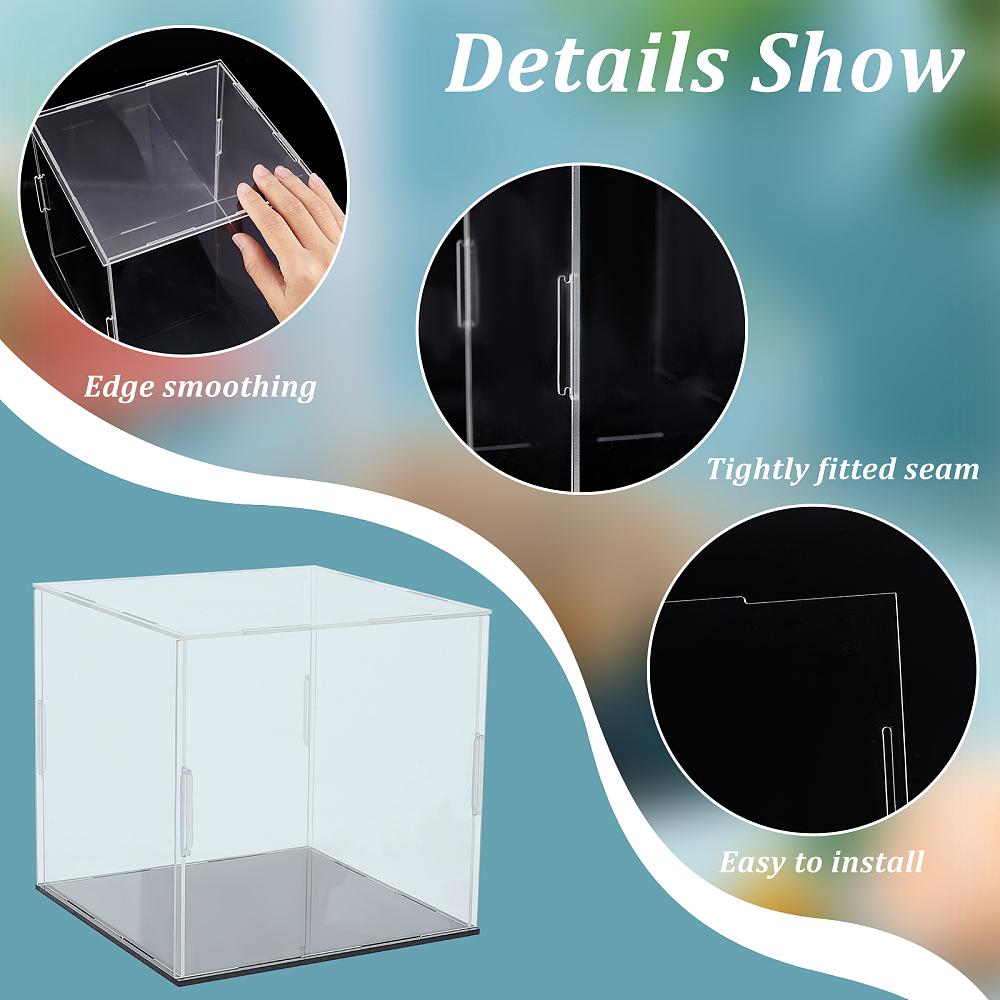 1set Transparent Acrylic Display Boxes Dust-Proof Cases with Black Base and 4Pcs Plastic Rings for Models Building Blocks Doll Display Holders Clear