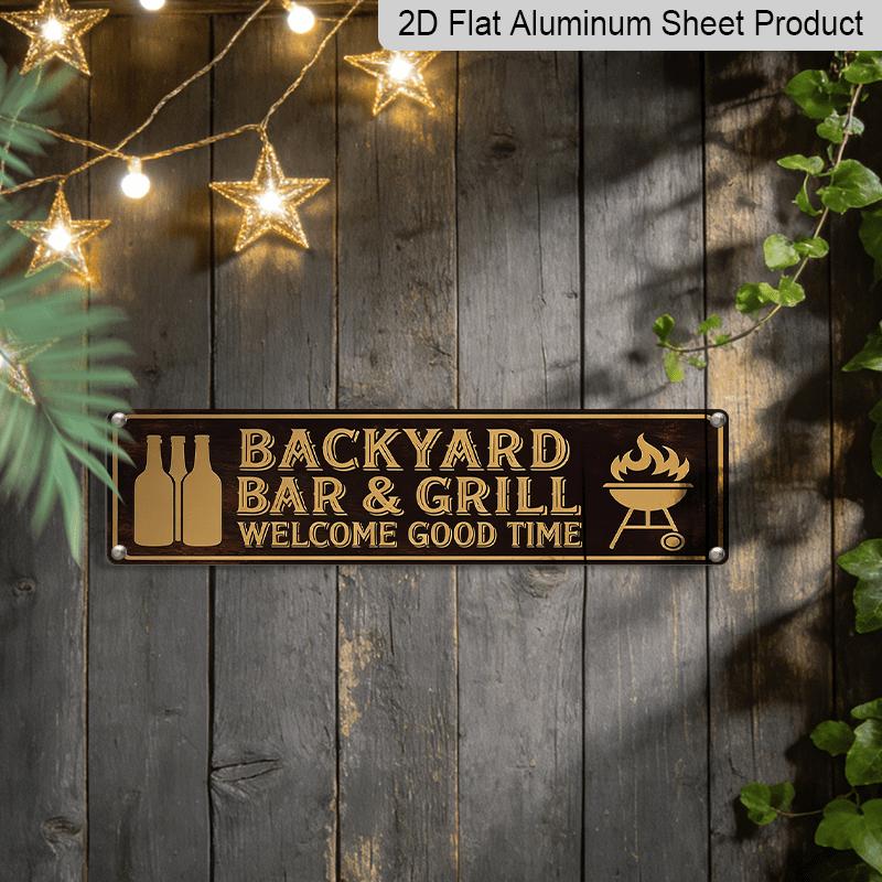 2D Flat, 1pc Rustic Farmhouse Aluminium Decorative Sign "Backyard Bar & Grill Welcome Good Time" with Beer Bottles & Grill Art - Season Holiday