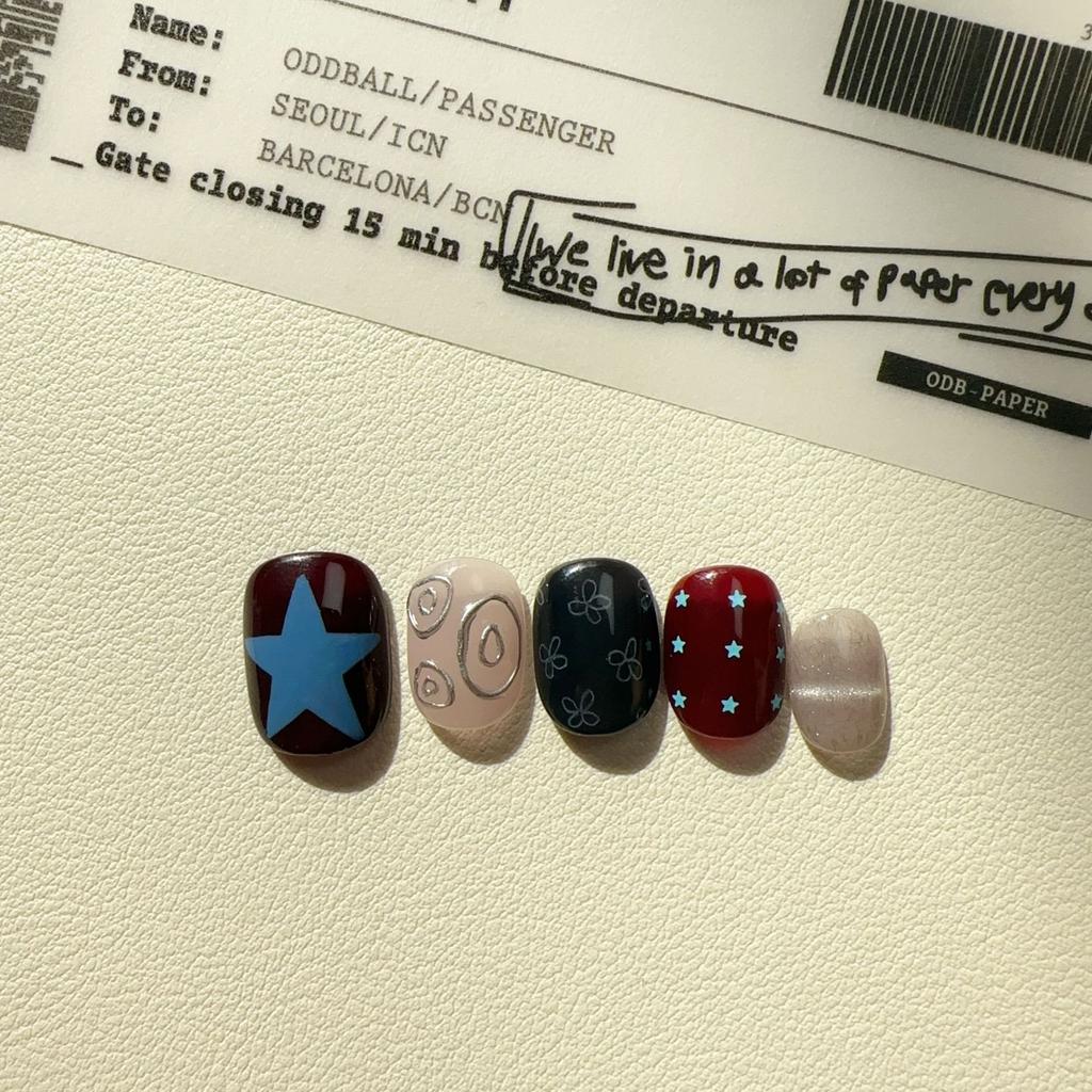 10 Pcs Sweet Cool Short Square Round Handmade False Nails Cute Graffiti Stars Cat Eye Full Cover Press On Nails
