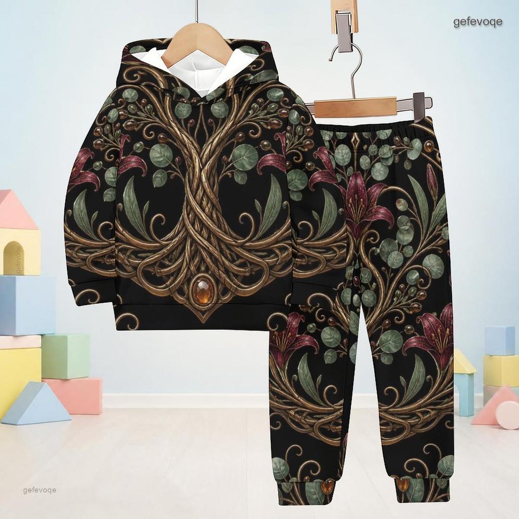 Kids Boys Girls Black Printed Tree Floral Hooded Long Sleeve Sweatshirt Cuffed Pants Two Piece Set