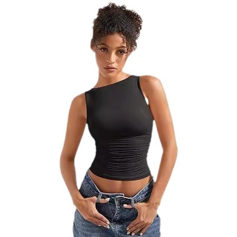 Solid Color round Neck Sleeveless Top Solid Crew Neck Sleeveless Slim fit Top Women