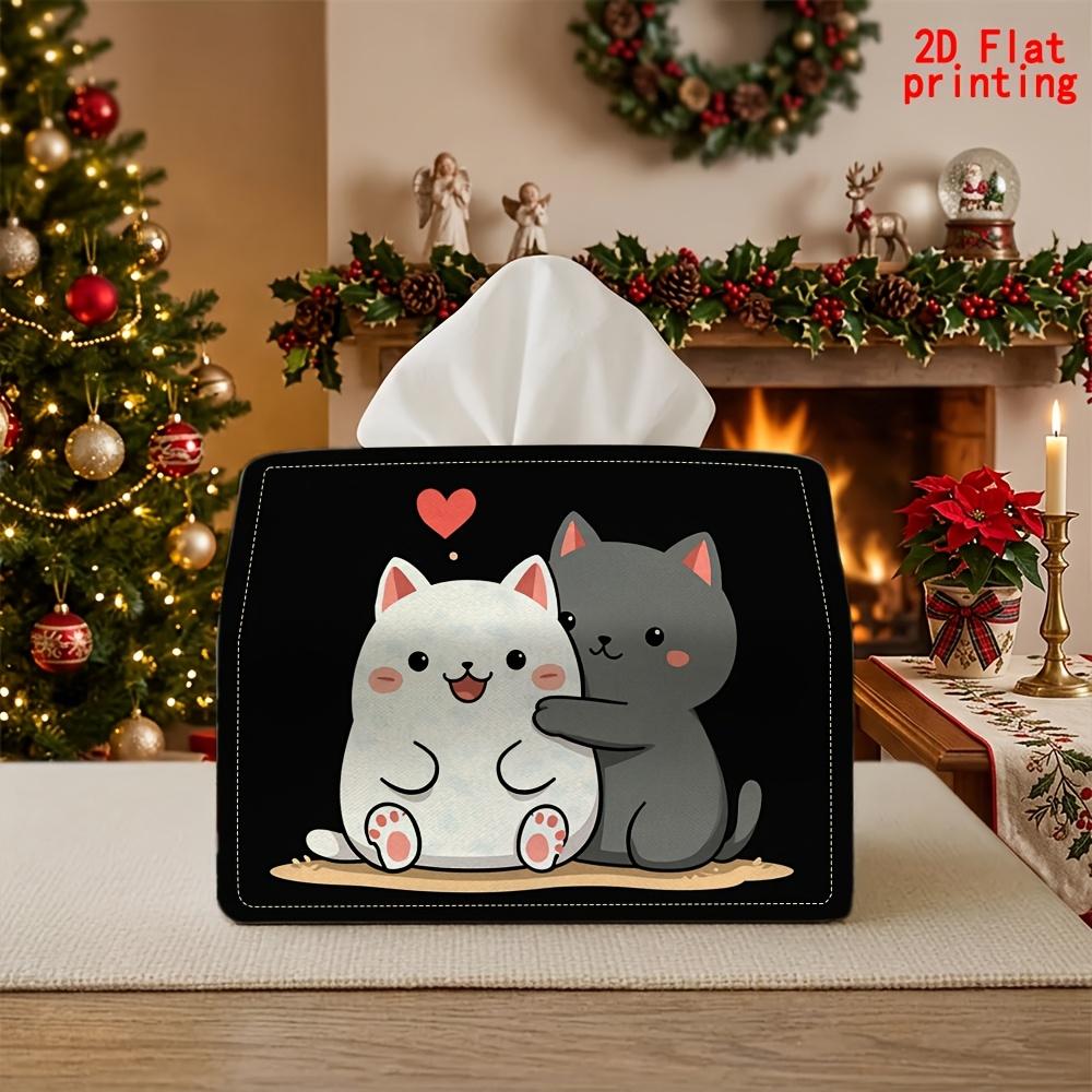 2D Flat 1pc, Tissue Box. Tissue Dispenser with a Pattern of Two Cute Cats Hugging Each Other. Reusable, Daily Desktop Tissue Storage Box. Suitable for