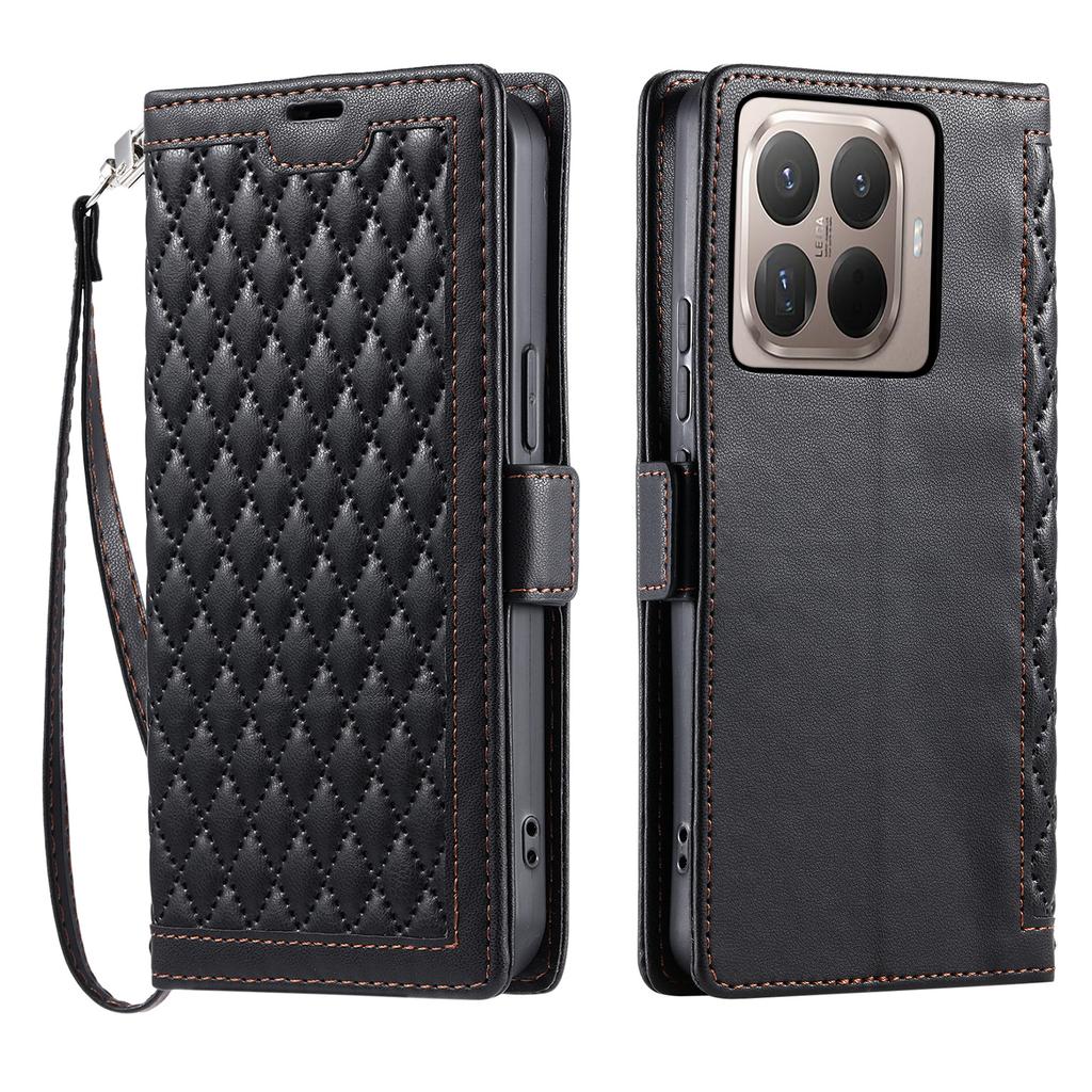 For Xiaomi 15T Pro Leather Case Rhombus Texture Wallet Stand Phone Cover with Wrist Strap