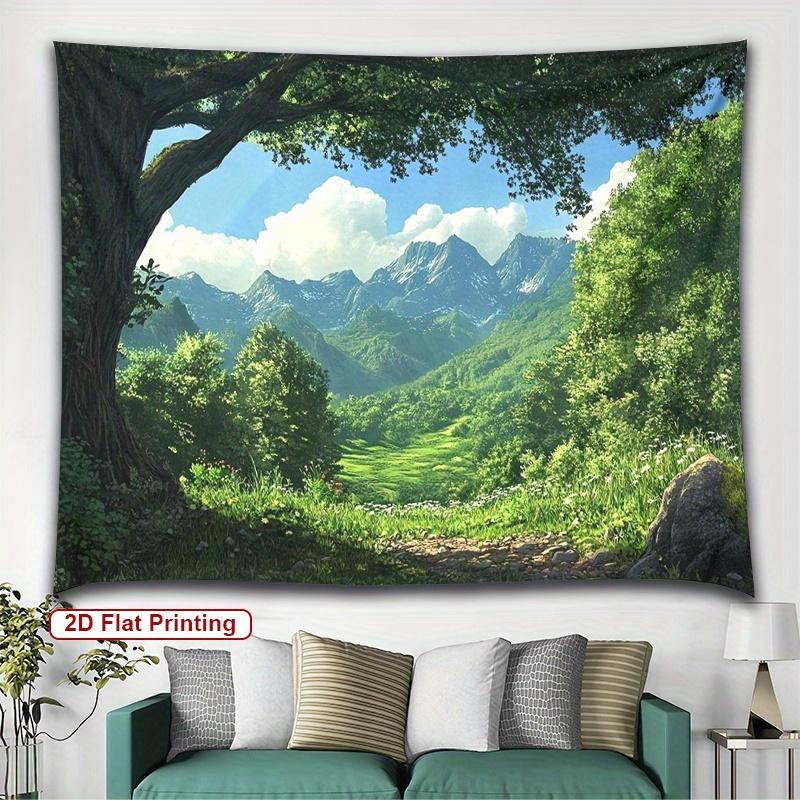 Mountain Forest Tapestry Green Hills Snowy Peaks Nature Scene Polyester 5161 In for Bedroom or Dorm