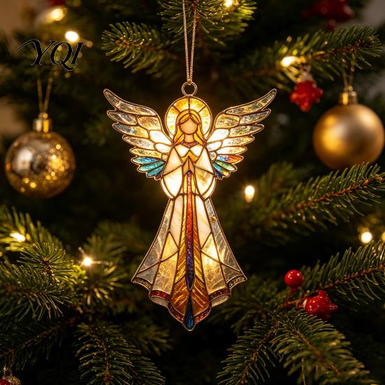 Tree Hanging Charms for Teachers Stained Glass Style Angel Ornament, 2D Acrylic Christmas Holiday Reunion Party Favors Decoration with Gold