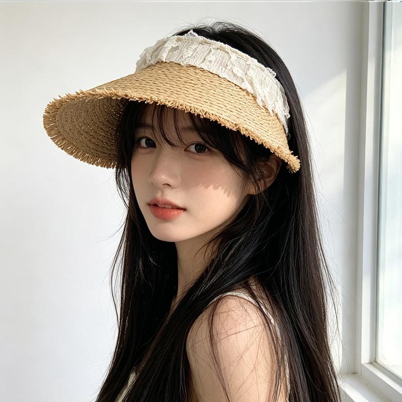

New straw empty top hat women s big brim shows face beach seaside sunshade sunscreen hat trend M（56-58cm）