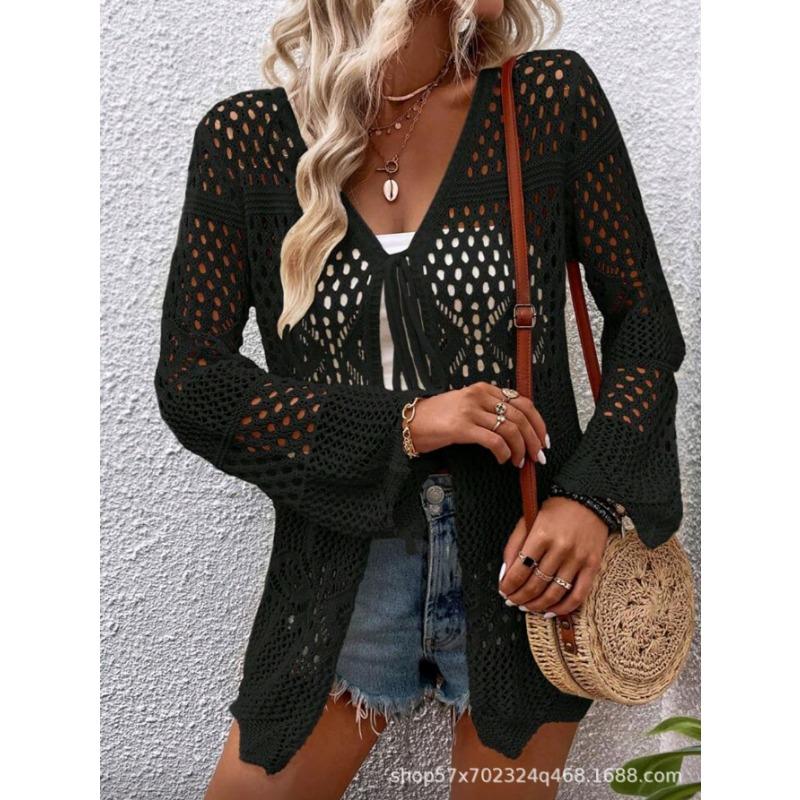 Women V Neck Long Sleeve Hollow Out Knit Cardigan Sun Protection Beach Cover Up Outerwear