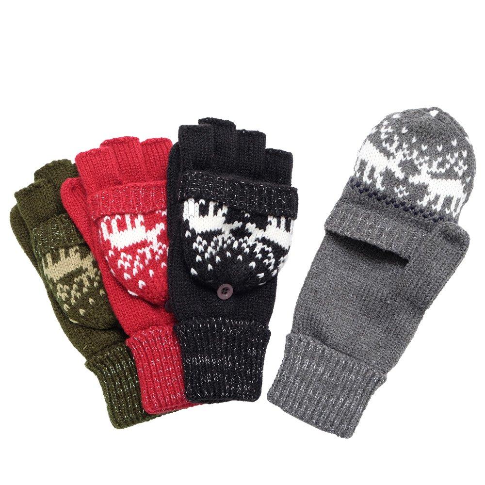 Mitten Gloves with Covers and Folded a Winter Reindeer Charcoal Size F [2-Way] Women's Cuffs, Classic! Print, Gray,