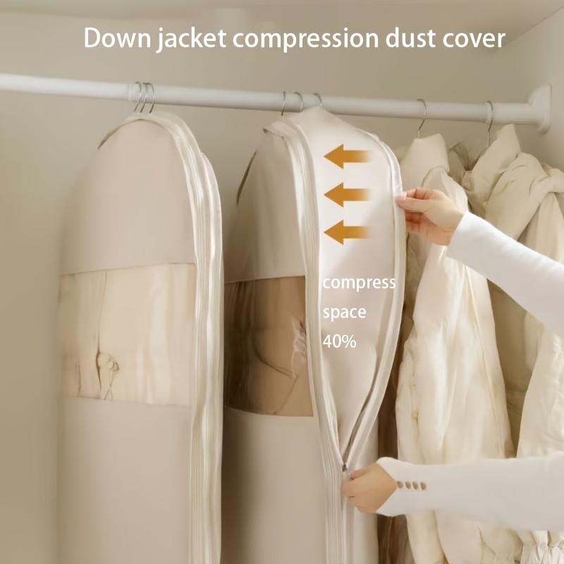Beige Compression Hanging Bag, 40% Space-Saving Vacuum Seal, See-Through Storage with Durable Zipper for Winter Clothes