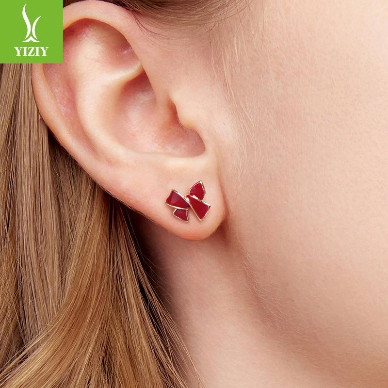 Burgunder Schleifenstecker Exquisit und Elegant S925 Sterlingsilber Hongkong Stil Stecker