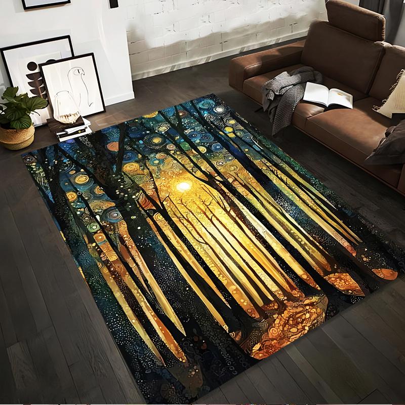 Abstract Forest Sunset Carpet with Golden Light and Artistic Design Suitable for Use As an Anti-slip for Living Room Bedroom Sofas