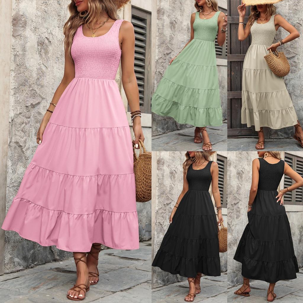 Dames U-hals Mouwloze Midi Jurk Losse Pasvorm Hoge Taille Elegante Gelaagde A-lijn Maxi Jurk