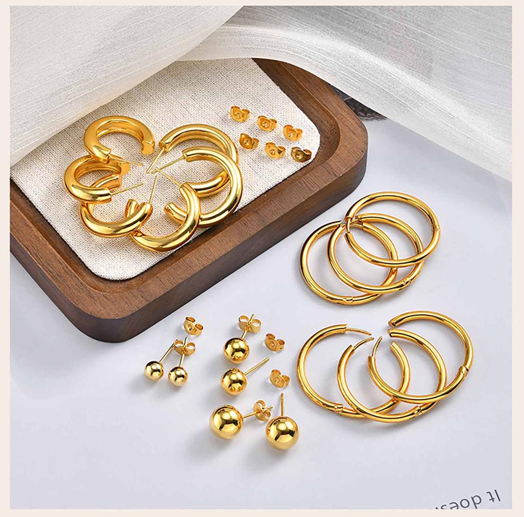 18K Gold Plated Stainless Steel Hoop Earrings, Hypoallergenic Ball Studs For Multiple Piercing Stack Women 3pcs in One Set
