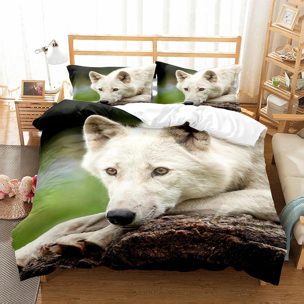 Boys Wolf Duvet Cover Set Queen Size, Boho Wolf Wildlife Forest King Animal Bedding Set Polyester Quilt Cover With Pillowcase