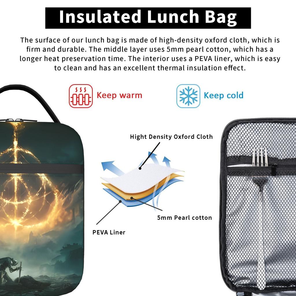 Elden Ring Game Lunch Bag Casual Picnic Lunch Box Print Portable Insulated Thermal Lunch Bags