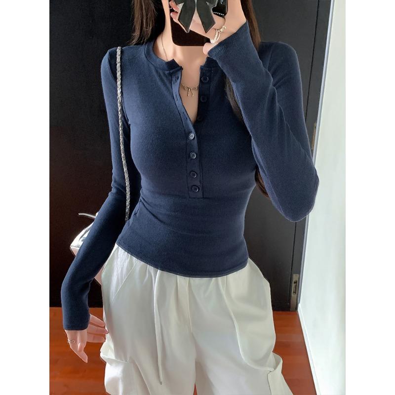 2025 New Spring and Autumn Long Sleeve Inner Women T-Shirt Tight Slim Fit Office Women's Bottom Shirt Basic solid color O Neck Skinny Button Top