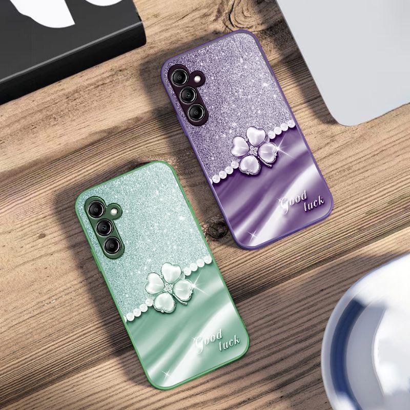 Lucky Clover White For Samsung Galaxy A14 4G 20 30 52 20S 21S 22 A32 33 34 42 50 51 53 54 70 71 72 73 5G Glass Phone Case