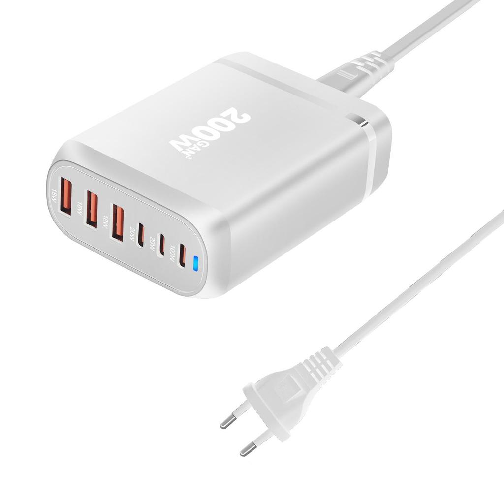 200W Gallium Nitride Multifunctional Desktop Charger with 3A3C Ports - Universal Fast PD Charging Adapter