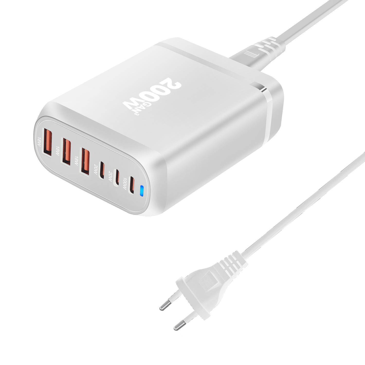 200W Gallium Nitride Multifunctional Desktop Charger with 3A3C Ports - Universal Fast PD Charging Adapter EU 3A3C