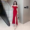 Sexy Dress Age Reducing Black Suspender Off-the-Shoulder Evening Dress Women's Premium Split Shoulder Dress