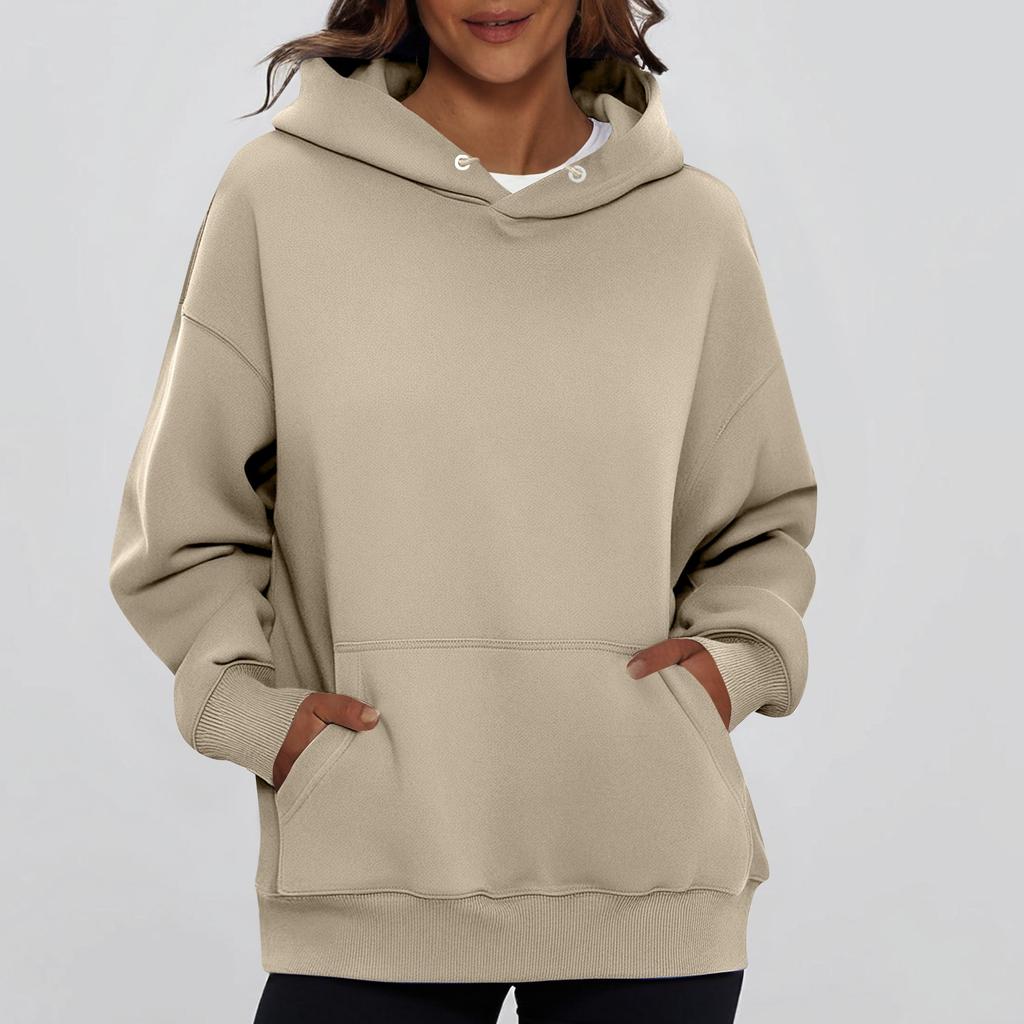 Ladies' Fashionable Solid Color Casual Hooded Pocket Long Sleeved Top