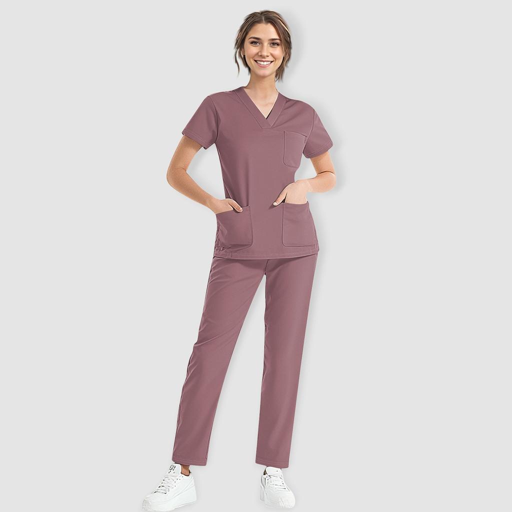 Damski krótki rękaw, dekolt w serek, jednolity kolor, kieszeń na piersi, elastyczny pas, spodnie, dwuczęściowy zestaw roboczy, 3 kieszenie, bluzki chirurgiczne dla kobiet