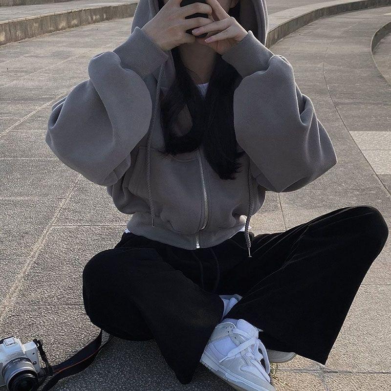 

Хлопковый свитер, куртка, женские модели, короткие, универсальные, с длинными рукавами, осень и зима, утепленные, ленивые 3XL серый