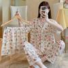 Short-Sleeved Pajamas Three-Piece Korean Version Of Sweet And Cute Cardigan Women'S Loungewear