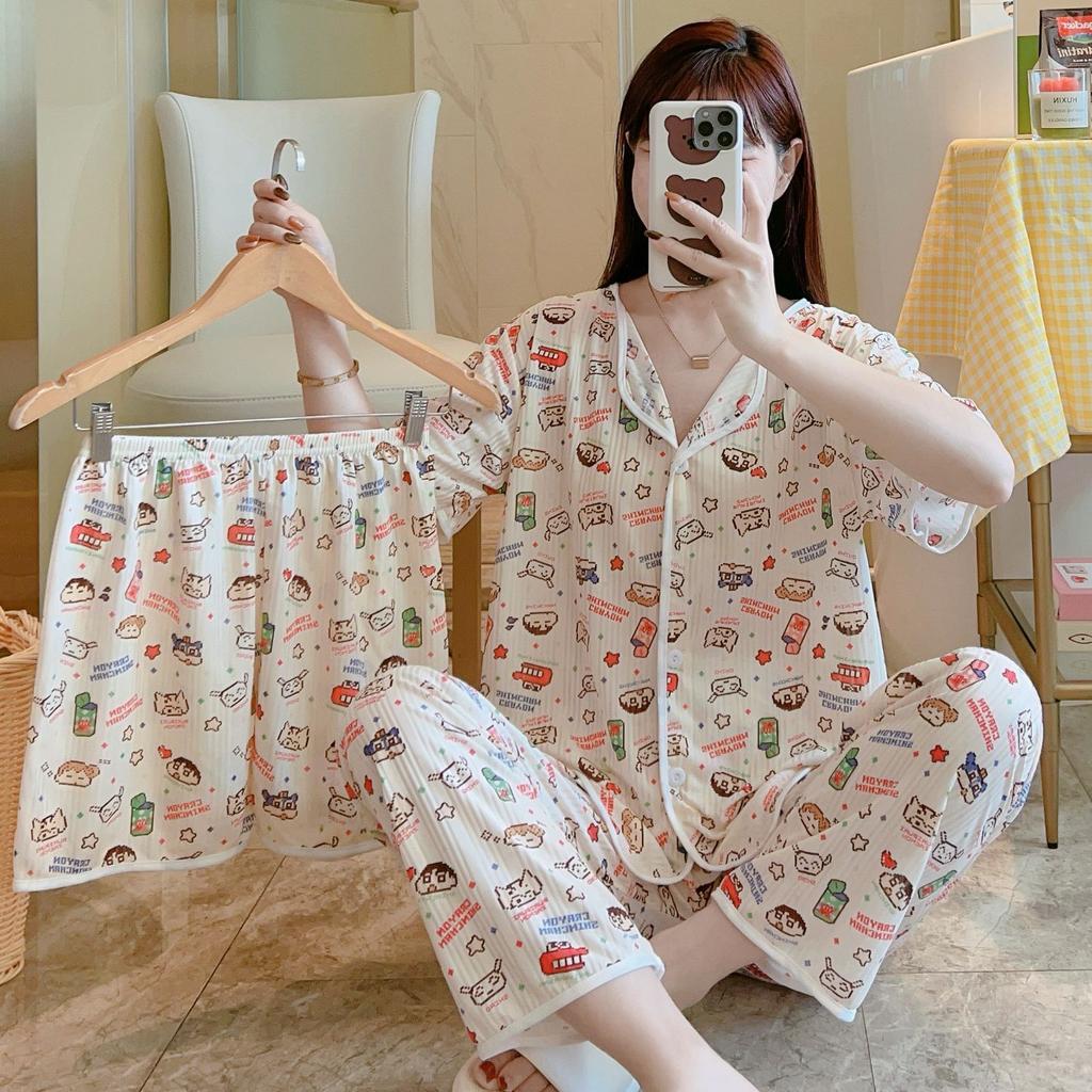 Short-Sleeved Pajamas Three-Piece Korean Version Of Sweet And Cute Cardigan Women'S Loungewear