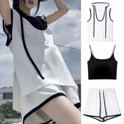 3 Pcs/Set Women Crop Top Vest Shorts Set Ice Silk Contrast
