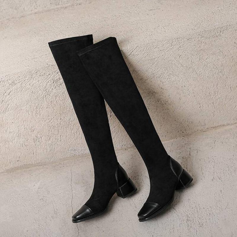 

Корейская версия новых замшевых ботфортов однотонные с круглым носком на квадратном каблуке ботинки-чулки из кожи осень и зима удобная резиновая подошва Mar 39